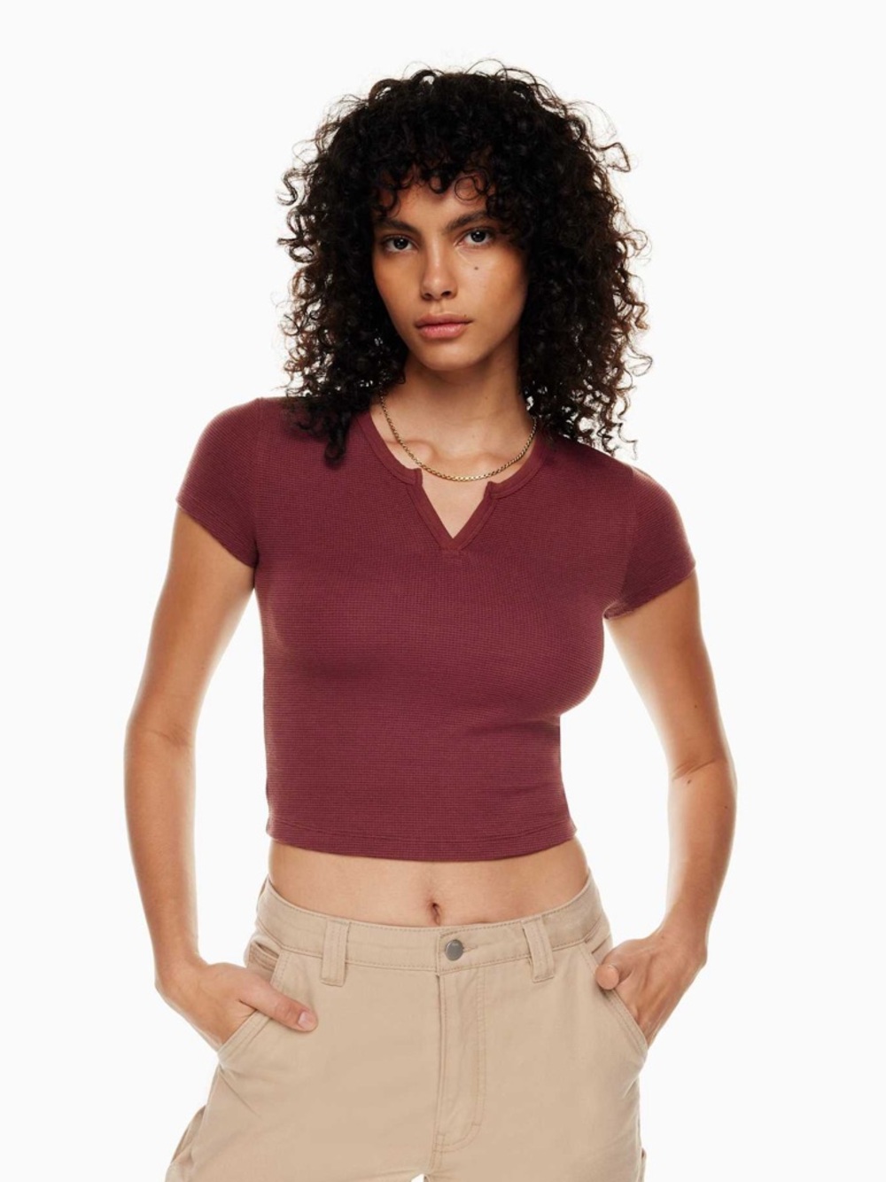 Aritzia TNA waffle-knit notch cropped tee
